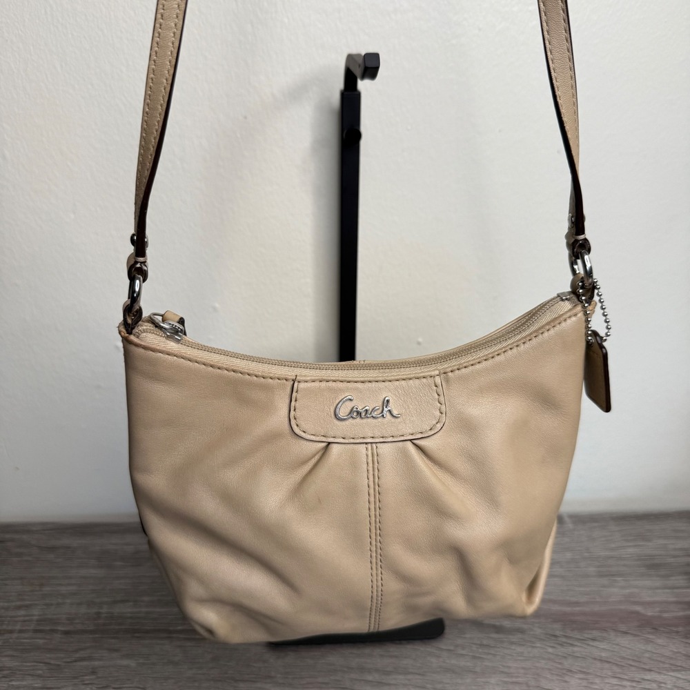 Coach Pebble Leather Pleated Shoulder Bag Khaki‎ Crossbody Purse